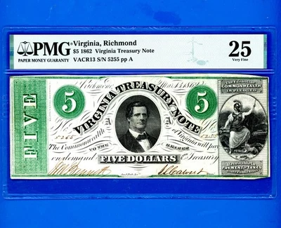 1862 $5 Richmond Virginia Treasury CIVIL WAR NOTE PMG VF 25 VACR13 VERY FINE - Image 1 of 2