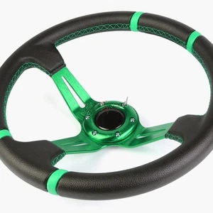 350mm Green Spoke/Stripe Racing Steering Wheel+Horn fit 70mm 6-Bolt Hub Adapter - Picture 1 of 5