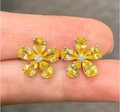 5.44 Ct Pear Natural Yellow Sapphire Gemstone Earring Stud 14K Real White Gold - Image 1 of 3
