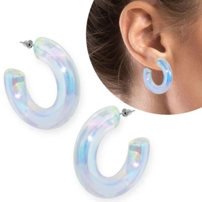 1 Paar Acryl Creolen Ohrstecker regenbogen irisierend Hoops Statement 80er Style - Bild 1 von 3