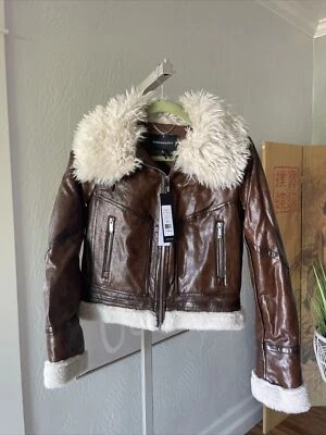 NWT $298 BCBGMAXAZRIA Jacket Derby Faux Leather Fur Bomber Moto Jacket Brown XS - Image 1 of 4