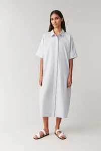 COS Shirt Dress Midi Light Grey Pinstripe Oversized Cotton Stripe Pockets Size S - Picture 1 of 22