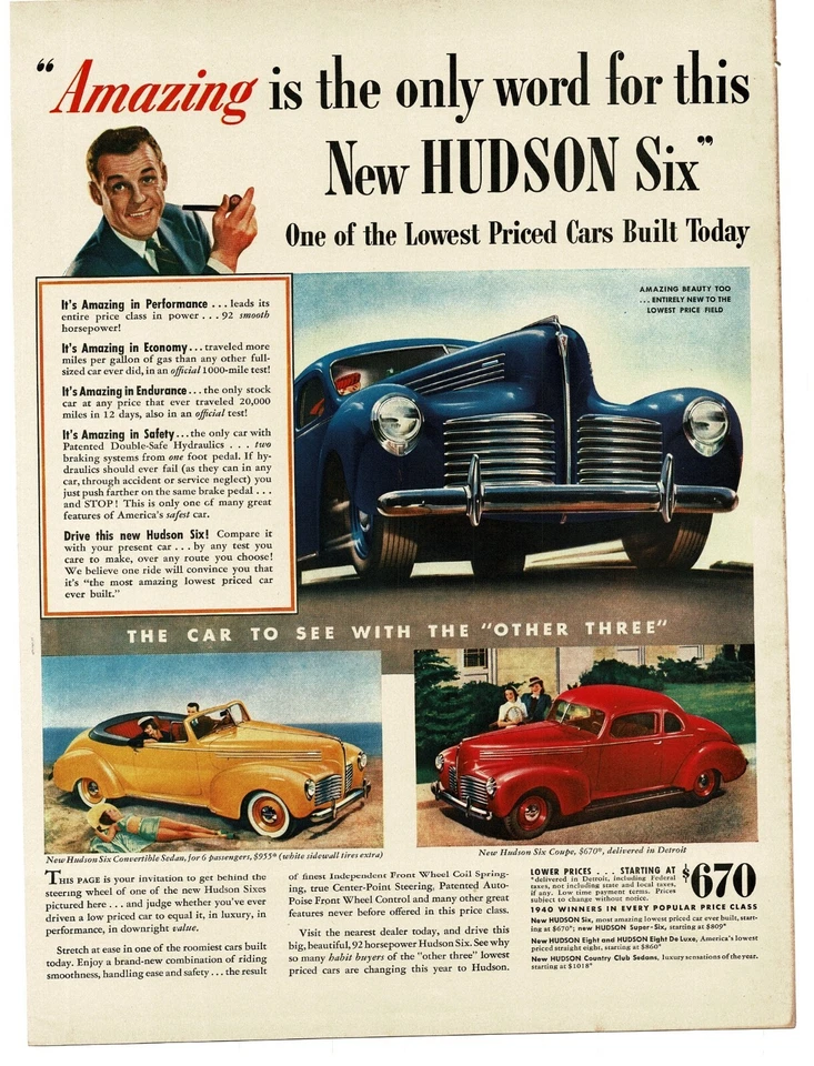 1940 Hudson Six Yellow Convertible Red Coupe Vintage Print Ad - Image 1 of 1