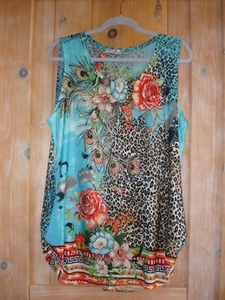 Blossom by P. Ladies Aqua print Embellished Sleeveless Jersey KNIT TOP Size XL - Picture 1 of 2