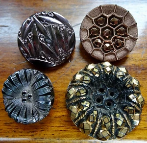 antique Victorian french jet black glass metallic flower button set / lot -X56 - Picture 1 of 3
