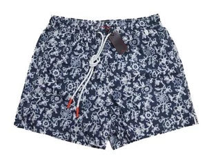Isaia $350 NWT Navy Blue White Floral Print Drawstring Swimsuit Swim Trunks S - Picture 1 of 5