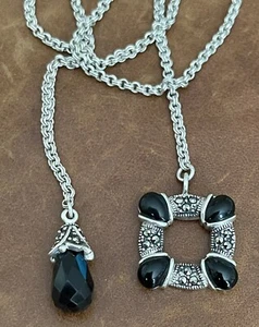 COLLAR LARIAT PLATA ESTERLINA VINTAGE 24” COLGANTE CUADRADO PIEDRA ÓNIX MARCASITA - Imagen 1 de 12