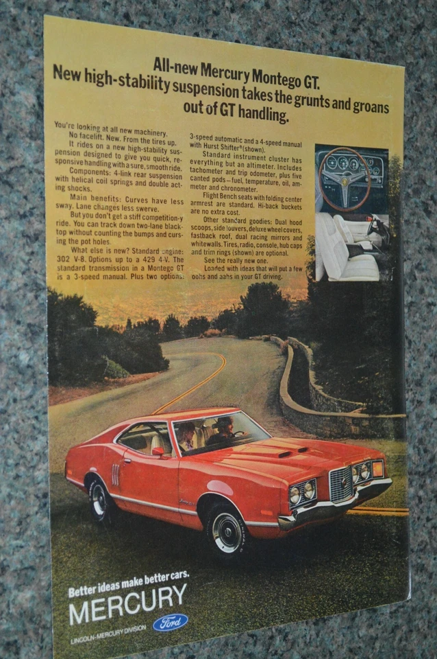 1972 MERCURY MONTEGO GT ORIGINAL ADVERTISEMENT PRINT AD 72 RED - Image 1 of 1