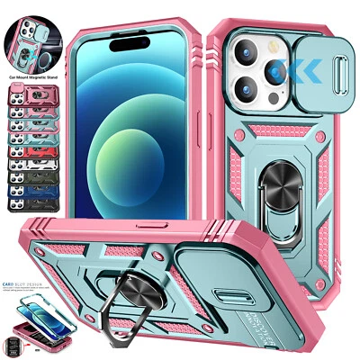 For iPhone 16 15 Pro Max 14 13 12 11 XS SE 78 Case Slide Camera Cover Ring Stand - Image 1 of 4