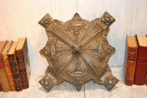 Antique French Empire Style Light Fixture Canopy Chandelier Part Flaming Urns Cover