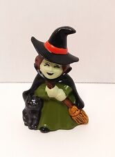Vtg Duncan Ceramics Witch and Black Cat w/ Broom Figurine Ceramic Green 