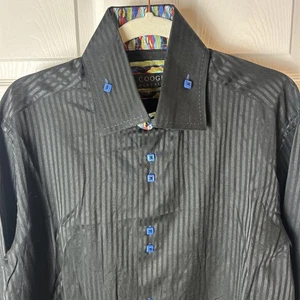 COOGI Shirt Men 17.5 Black Pin Striped Colorful Cuffs Blue Buttons Retro Disco - Picture 1 of 9