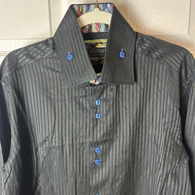 COOGI Shirt Men 17.5 Black Pin Striped Colorful Cuffs Blue Buttons Retro Disco - Image 1 of 4