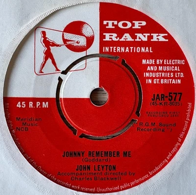JOHN LEYTON JOHNNY REMEMBER ME 7" SINGLE TOP RANK (1961) EX JOE MEEK GT BRITAIN - Image 1 of 3