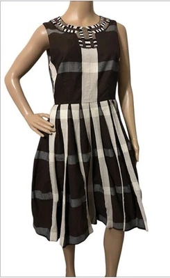 Vestido para mujer Anthropologie Maeve plisado a cuadros línea A cuello con cuentas marrón talla 6 Foto 1 de 4