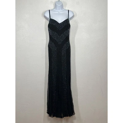 VTG La Femme Paris Fully Beaded Maxi Dress 12 100% Silk Black Sheer Dark Fairy - Image 1 of 4