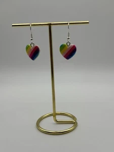 Rainbow Colourful Love Heart Shape Dangle Earrings Gay Pride Festival Parade - Picture 1 of 2