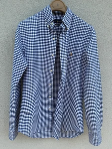 Ralph Lauren Shirt Mens SMALL Slim Fit Knit OXFORD Blue White Checked Pony Logo - Picture 1 of 12