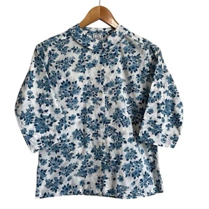 Vintage Girls Cotton Blouse White Blue Flowers Button Front Collar Size 12 - Picture 1 of 8