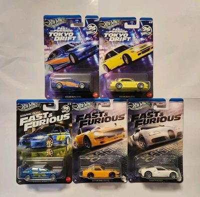 HOT WHEELS SET OF 5 FAST AND FURIOUS NISSAN DATSUN MITSUBISHI BUGATTI  - image 1 of 4