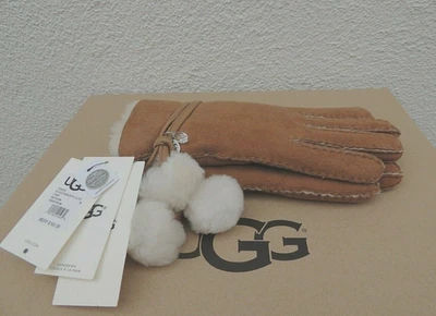 GUANTES UGG PIEL DE OVEJA CASTAÑO BRITA POM POM CRISTAL SWAROVSKI ~MEDIANOS ~ NUEVOS CON ETIQUETAS Foto 1 de 4
