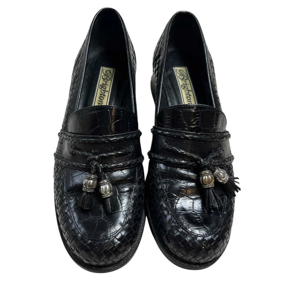 Mocasines Brighton de cuero negro tejido con hebilla de borla para mujer talla 8M Foto 1 de 4