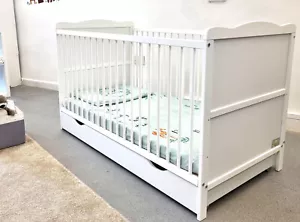 Baby Cot Bed for Newborn 120x60cm or 140x70cm & Storage Drawer & Mattress - Picture 1 of 15