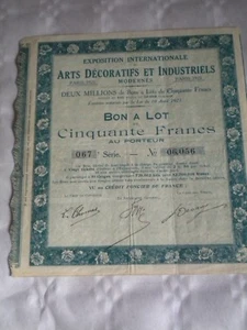 Vintage share certificate Stock Bonds Exposition art decoratifs et Industriels - Picture 1 of 2