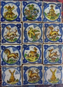 12 antike holländische Bild-Kacheln für Fries, 7x7x1 cm groß, Handarbeit - Bild 1 von 2