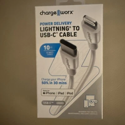 ChargeWorx CX4630WH 10 Ft Power  to USB-C Cable, White NEW FS! - Image 1 of 4