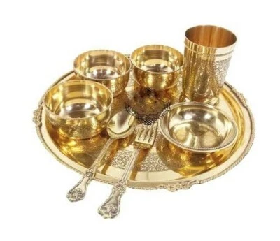 Dinner Set Brass Thali Set Spoon Glass Bowls Golden 8 pce US - Image 1 of 4