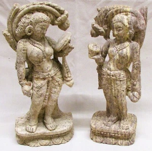 Antique Two Rough Cast Stone Figures Of India Goddesses Krishna 10" - Picture 1 of 5
