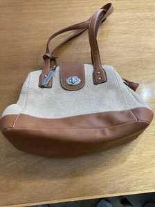 Vintage Franco Sarto Brown Leather Trim Canvas Woven Handbag Shoulder Purse - Picture 1 of 12
