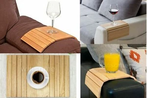 FLEXIBLE SOFA ARM CHAIR WOODEN TRAY MEDIA SNACK SERVING TRAY ARM REST ORGANISER - Picture 1 of 2