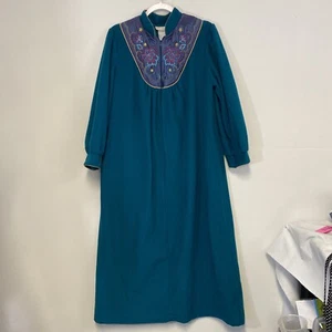 Cachet Sears House Coat Sz Medium Teal Velvet Velour Long Robe Zip Dress Vintage - Picture 1 of 9