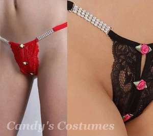 RHINESTONE Crotchless G-STRING Panties ROSE Lace BLING 2-3-row LINGERIE Sz 8-10 - Picture 1 of 5