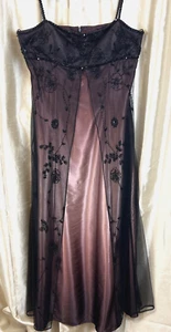 VTG NIGHT WAY BROWN SATIN BLACK NETTING BEADING Dress Long Evening Gown Formal - Picture 1 of 24