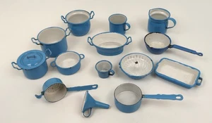 14x Antik schöne Größe Puppenküche Blechspielzeug Blau Emaill Töpfe Sieb Wanne - Bild 1 von 12