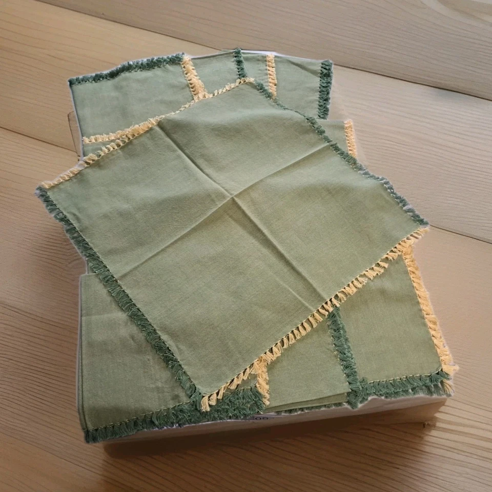 Lote de 16 nakins de pano vintage bordas com franjas algodão verde e amarelo 18x18 - Imagem 1 de 4