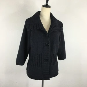ST JOHN Womens sz Medium Black Wool Blend 3/4 Sleeve Knit Button Cardigan - Picture 1 of 11