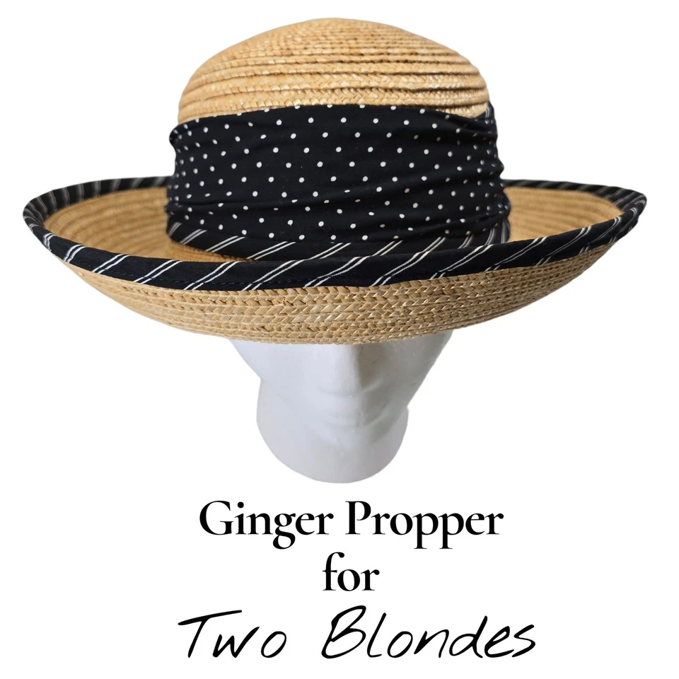 Ginger Propper for Two Blondes Straw Sun Hat 黑色圆点条纹表带 — 第 1/4 张图片