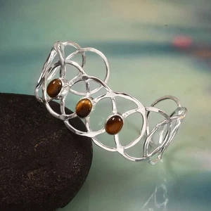 925 Sterling Silver Natural Tiger's Eye Gemstone Jewelry Cuff Bracelet - Picture 1 of 4