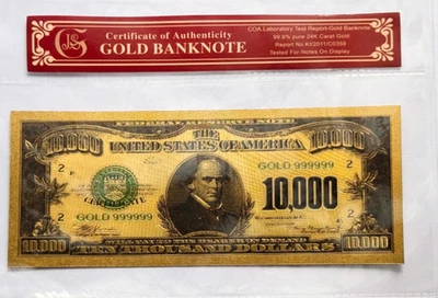 1928 $10,000 Salmon Chase Federal Reserve Gold Foil Banknote Protective Holder - Image 1 of 3