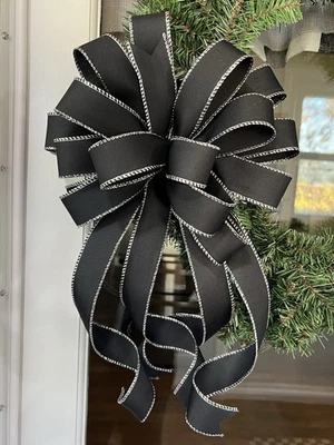Handmade Large Black and Silver Bow for Christmas Wreath Swag Decor 10 x 20 - Image 1 of 4