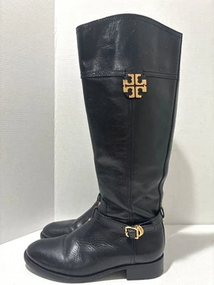 Tory Burch Eloise Tall black leather riding boots womens size 8 gold Logo equest - Image 1 of 4