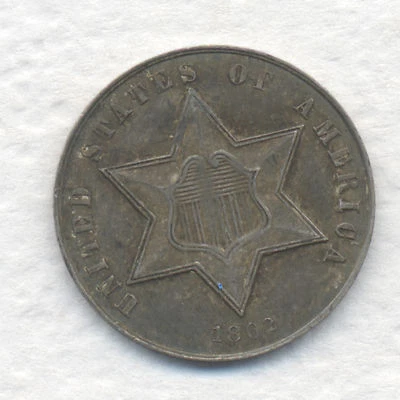 EUA TRÊS CENTAVOS PRATA 1862 ALTA QUALIDADE TONIFICADA UNC. COM ESTADO DE SUPERFÍCIES ORIGINAIS - Imagem 1 de 2