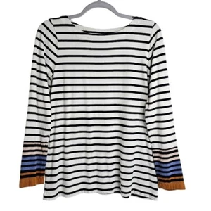 J JILL Pullover Long Sleeve Top Shirt WHITE w BLACK BROWN BLUE Stripes size S - Picture 1 of 5
