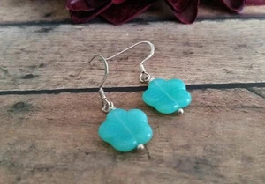 Glass earrings, Aqua, flower, Vintage Czech beads, silver, handmade  - Bild 1 von 3