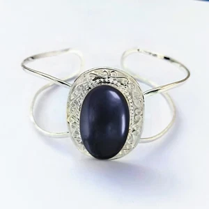 Black Obsidian 925 Sterling Silver cuff bangle Adjustable Bracelet Women Bridal - Picture 1 of 6