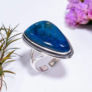 Neon Blue Apatite Vintage Handmade .925 Silver Plated Ring Adjustable GSR-5079 - Picture 1 of 2